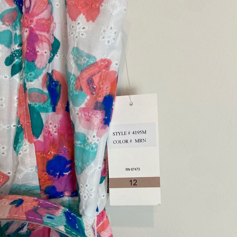 NWT TAYLOR Belted Scoop Neck Dress White Floral Ruffle Skirt Misty Rose Size 12 - Picture 7 of 13
